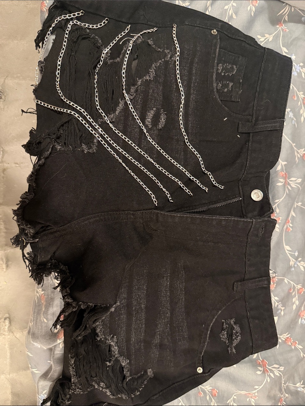 SHEIN Black Distressed Denim Shorts with Silver Chain Trim
